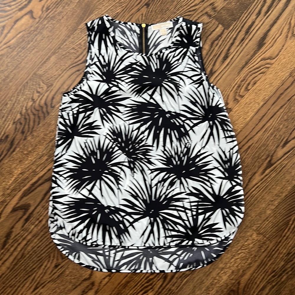 Michael by Michael Kors Black White Palm Leaf Sleeveless Hi-Lo Blouse.Size Large